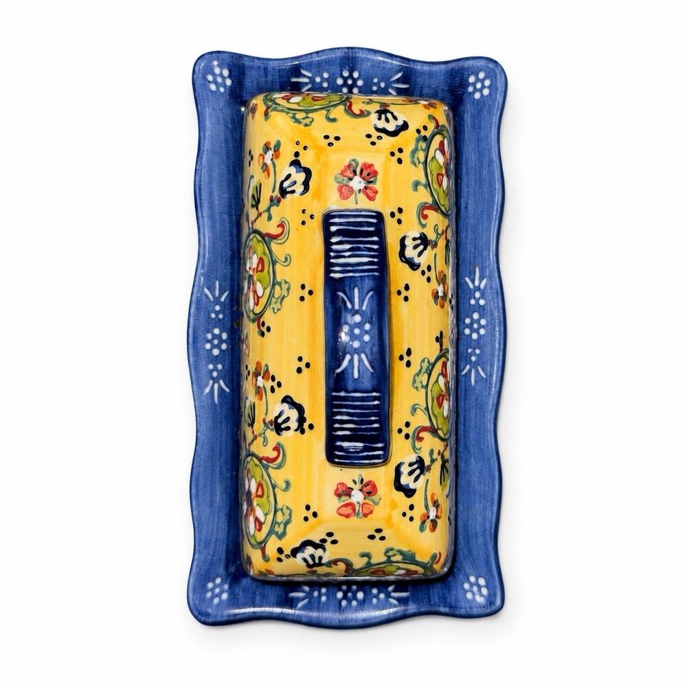 Hand Painted Ceramic Butter Dish Tray Yellow Blue Floral Mediterranean 6.5”
